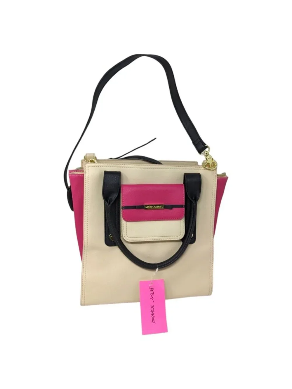 Betsey Johnson Beige Cream Pink Black Gold Handbag Satchel Crossbody Bag
